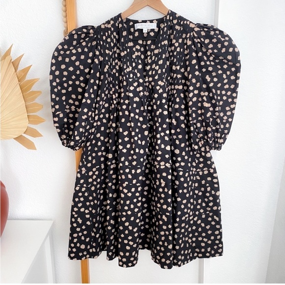Hunter Bell Jenkins Mini Dress in Desert Poppy Print Puff Sleeves Black Tan Dot - Picture 3 of 14
